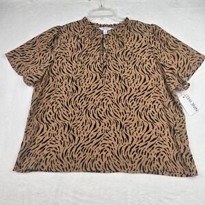 NWT Nine‎ West Women's Black Brown Animal Print Blouse XXL Flutter Sleeve